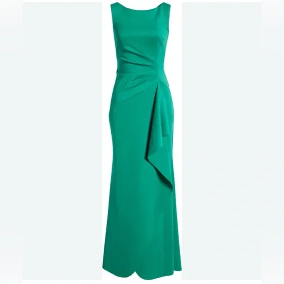 Eliza J Green Sleeveless Side Tuck Sleek Ruffle Gown Dress Size 8 full length - Picture 2 of 8